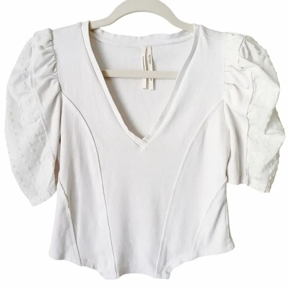 Anthropologie | Puff Sleeve Structured V-neck Shirt Top Swiss Dots White XSP